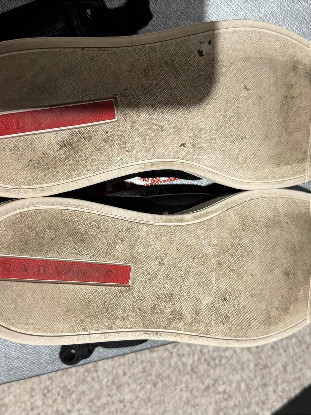 Prada Black Leather High-Top Sneakers with Red Logo Stripe - Picture 4 of 5